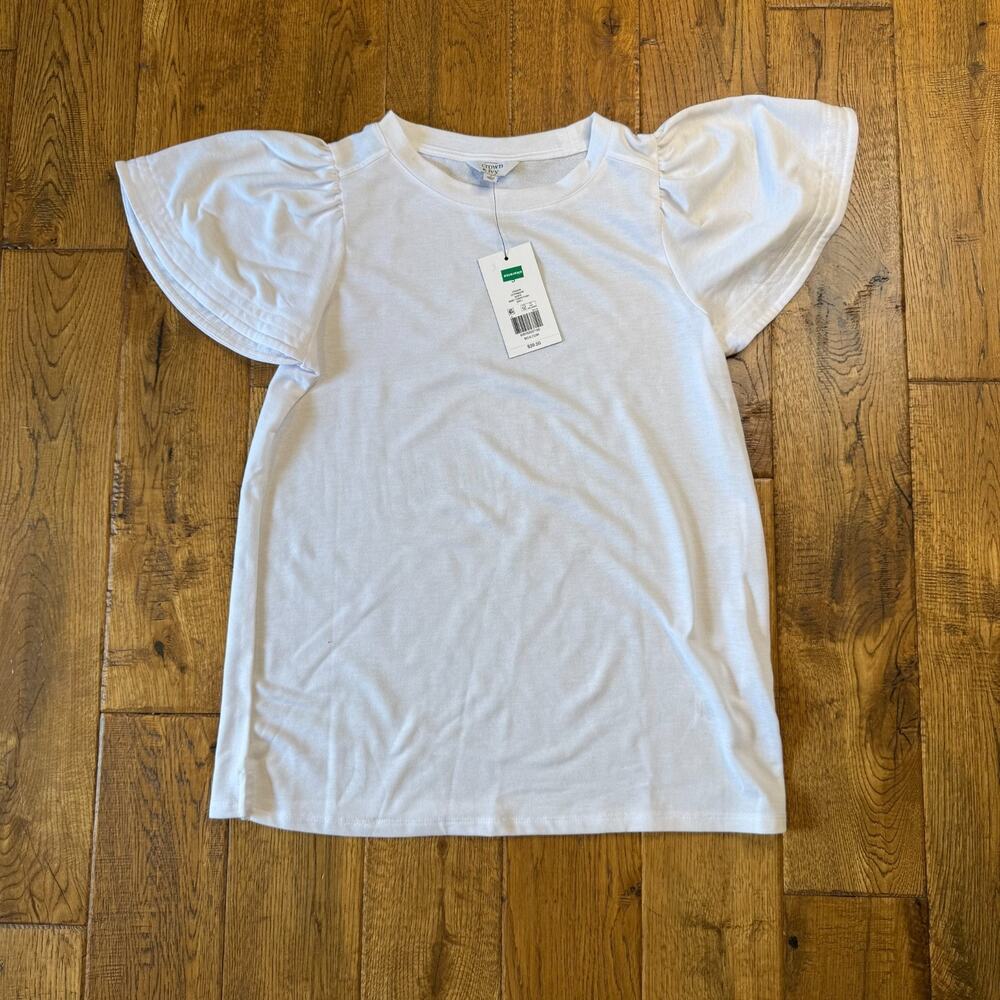 NWT Crown And Ivy White Double Flutter Sleeve Top Terry Lined Womens Sz S